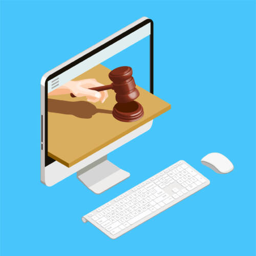 Auction isometric conceptual composition with desktop computer and human hand with hammer in display screen vector illustration